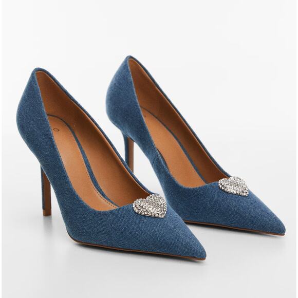 MANGO Embellished Heels NWT | Denim Point Toe w/ Rhinestone Heart - Picture 15 of 16